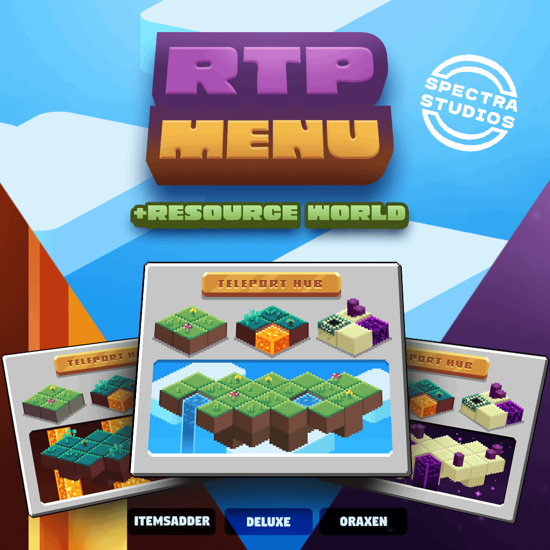 Spectra Studios Animated Random Teleport (RTP) Menu GUI - Minecraft plugin interface showing three teleport hub variations with pixelated isometric terrain blocks. ItemsAdder, DeluxeMenu, and Oraxen.