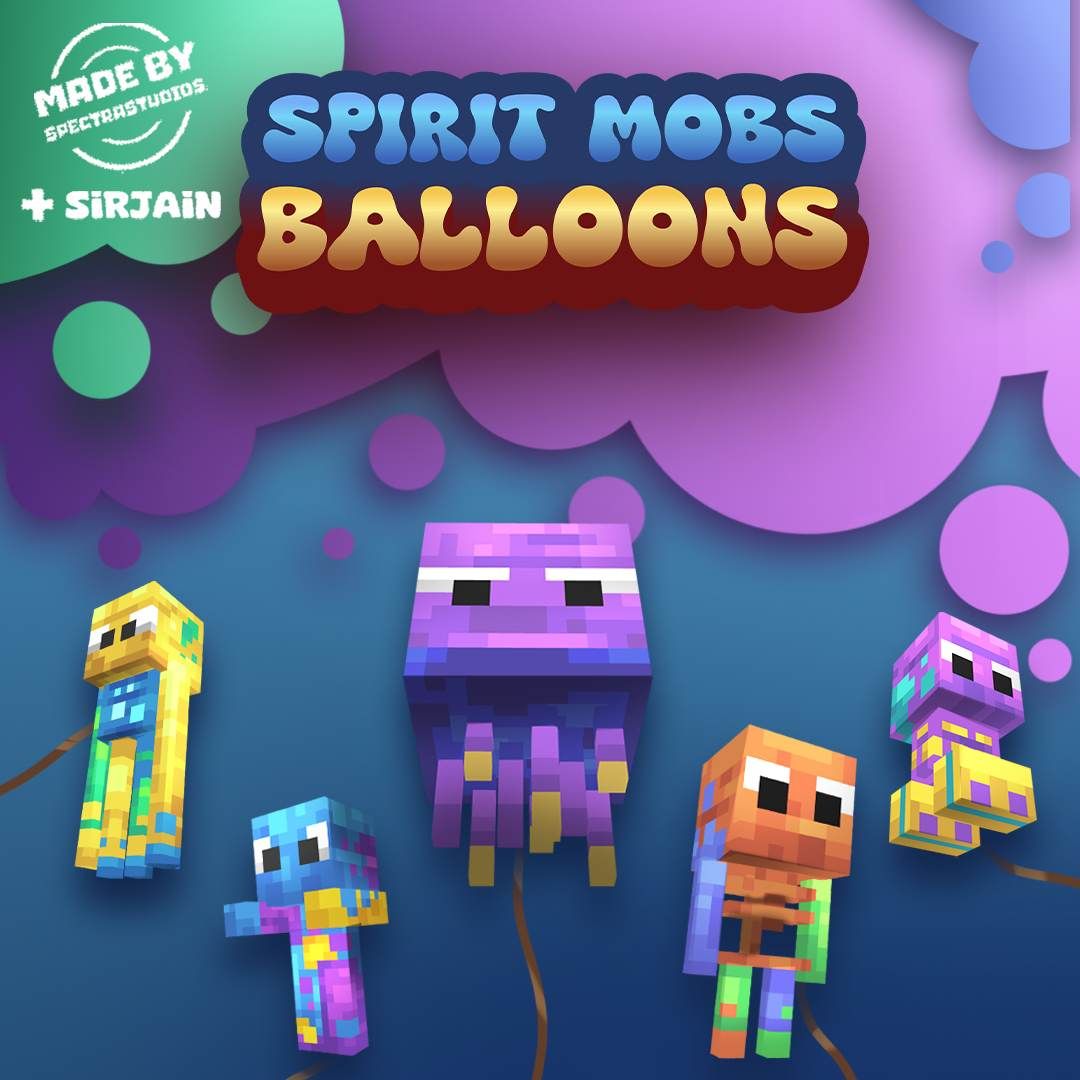 vibrant balloon pack featuring spirit-themed Minecraft mobs. Decorate your Minecraft world with colorful balloons modeled after beloved mobs, including ghostly squid, endermen, and skeletons, all in bright, festive colors.