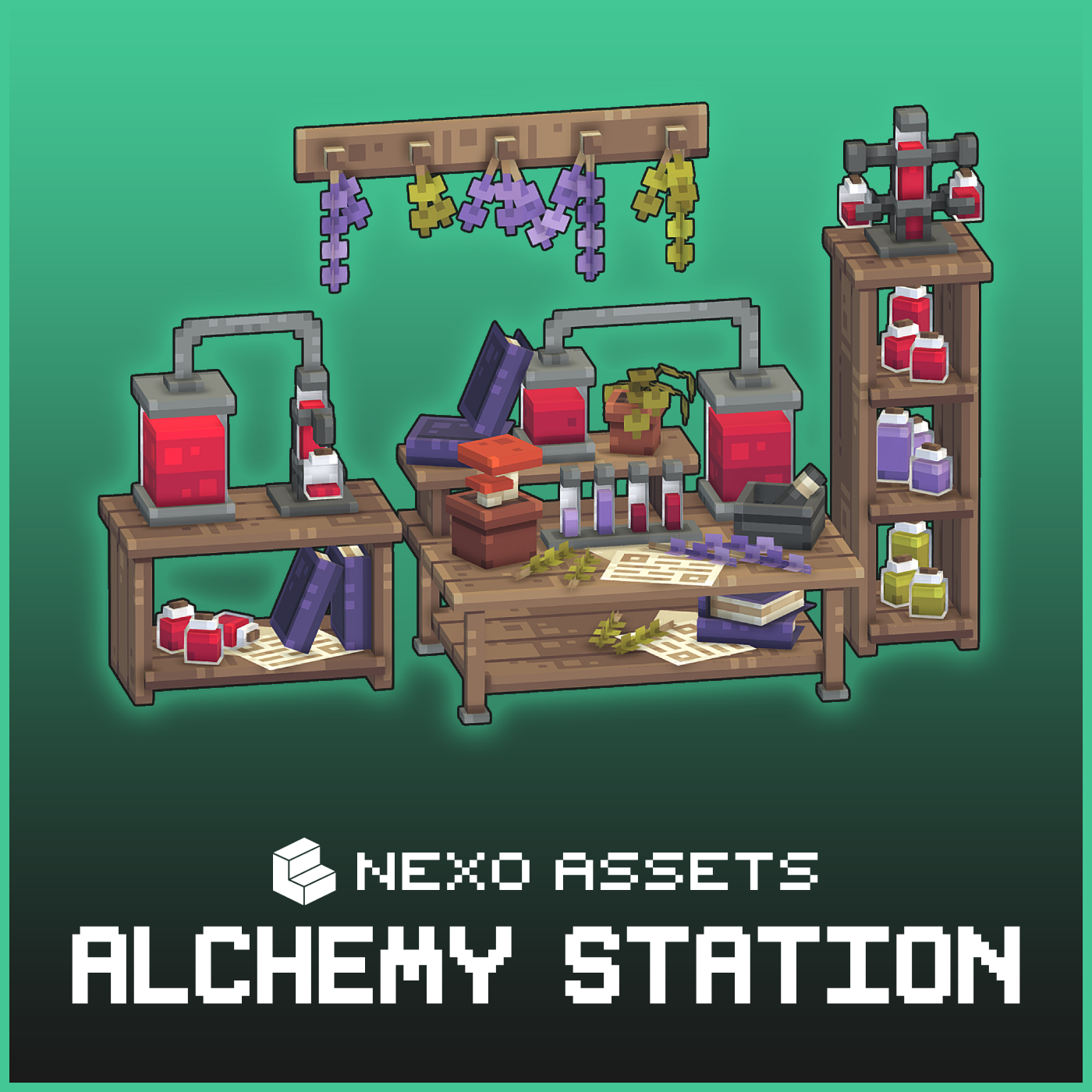 A set of alchemy station furniture models for Minecraft: Java Edition.