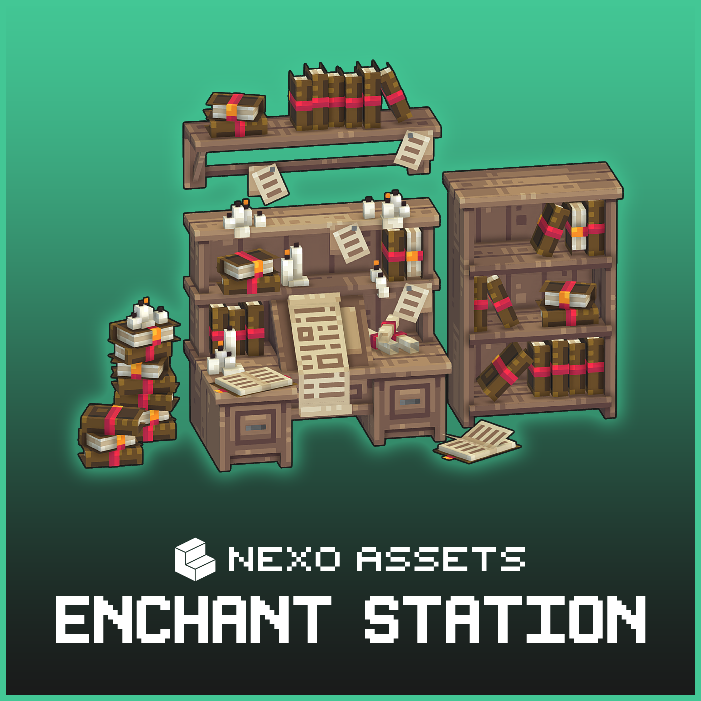 A set of enchanting station themed furniture for Minecraft: Java Edition.