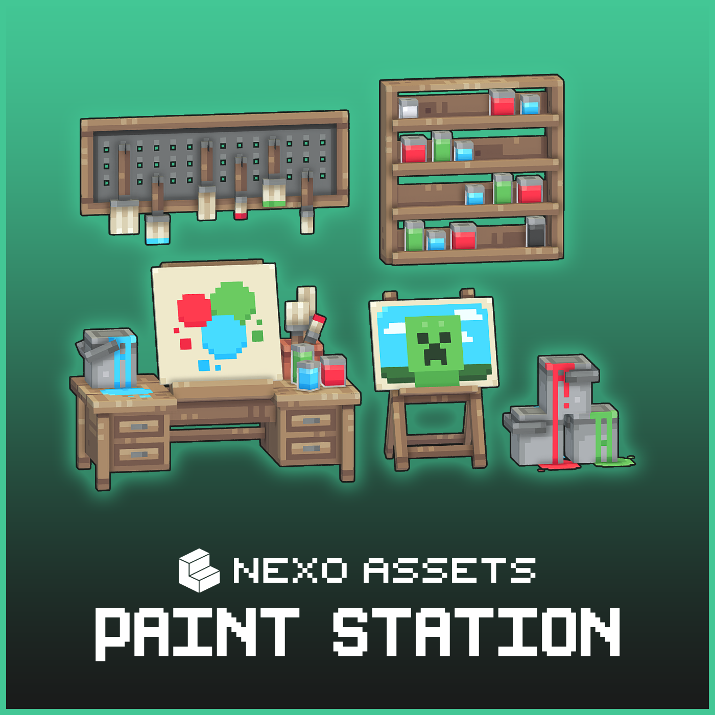 Painting station furniture models for Minecraft: Java Edition. Easels, paintbrushes, a desk, paint buckets.