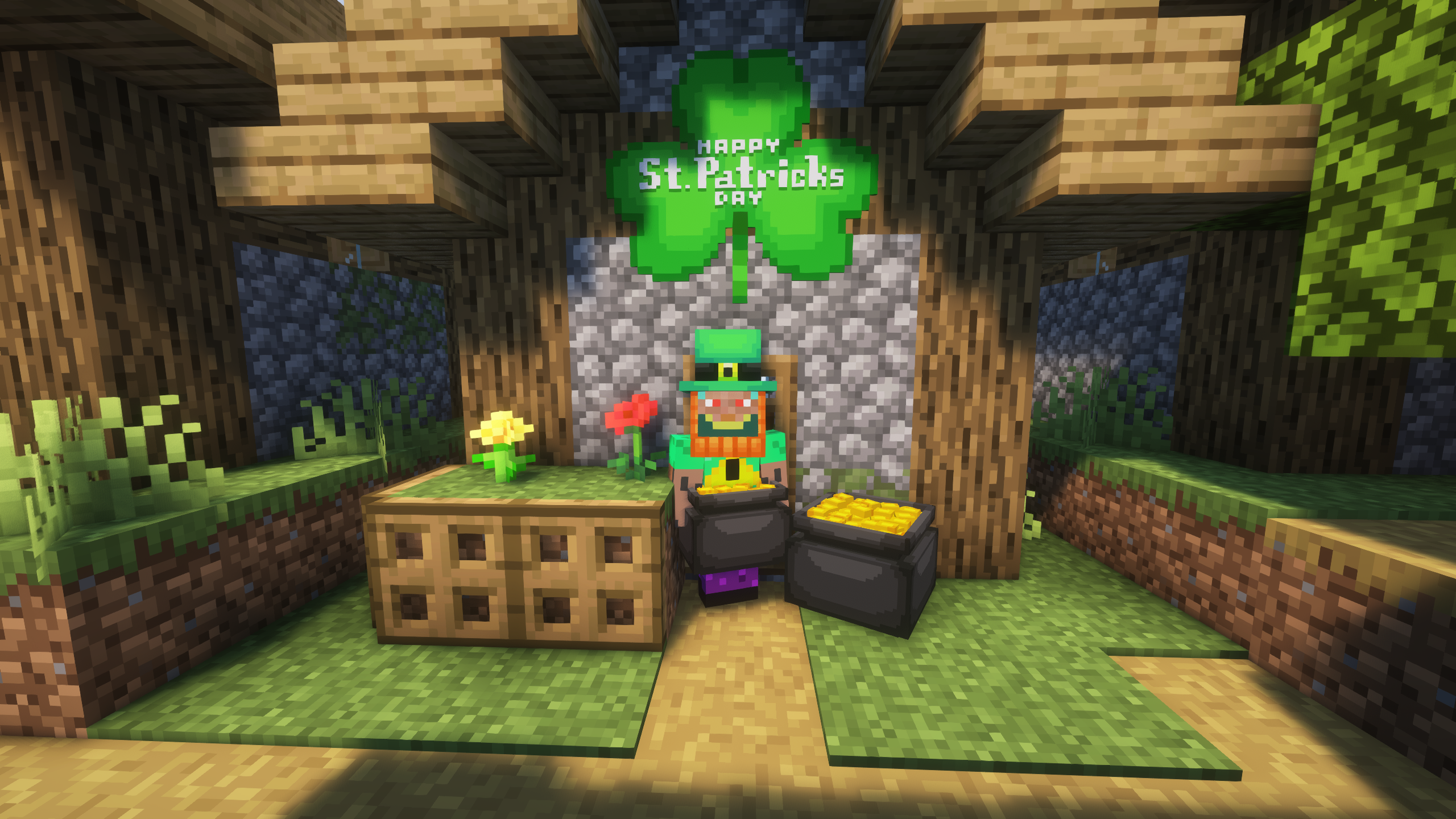Player wearing St Patrick's day cosmetics in front of a villager house in Minecraft.