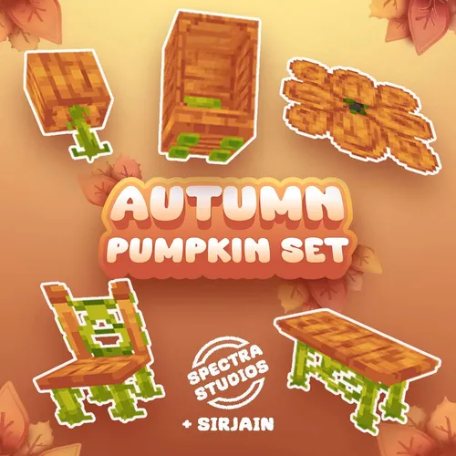 Add a seasonal touch to your Minecraft builds with this pixel-art-style furniture set featuring pumpkin-themed furniture, including a chair, table, stool, crate, and flower decor Perfect for fall or Halloween-inspired creations