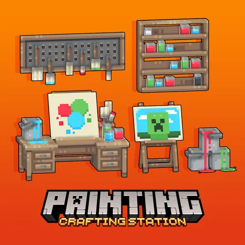 Painting station furniture models for Minecraft: Java Edition. Easels, paintbrushes, a desk, paint buckets.
