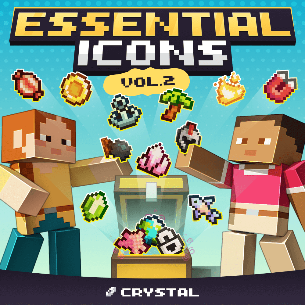 Cover art for “Essential Icons Vol.2” Minecraft pack showing two characters opening a chest with colorful pixel art icons floating around.