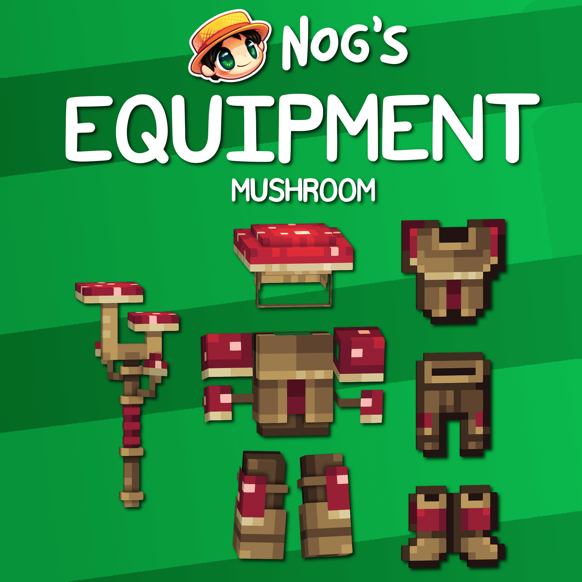 A set of mushroom armor and a staff for Minecraft: Java Edition.