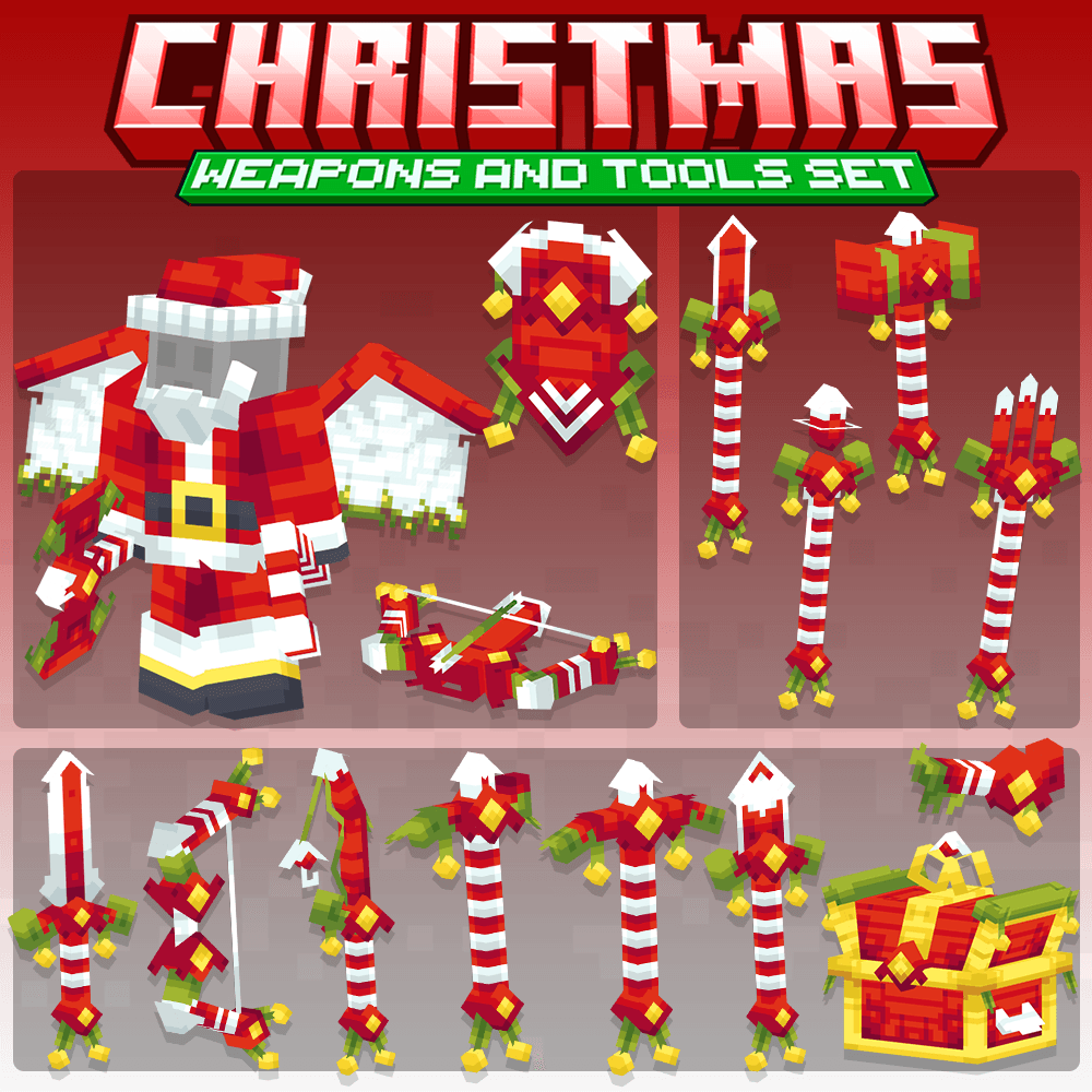 minecraft, blockbench, christmas, xmas, santa weapons, tools, armor, cosmetic set