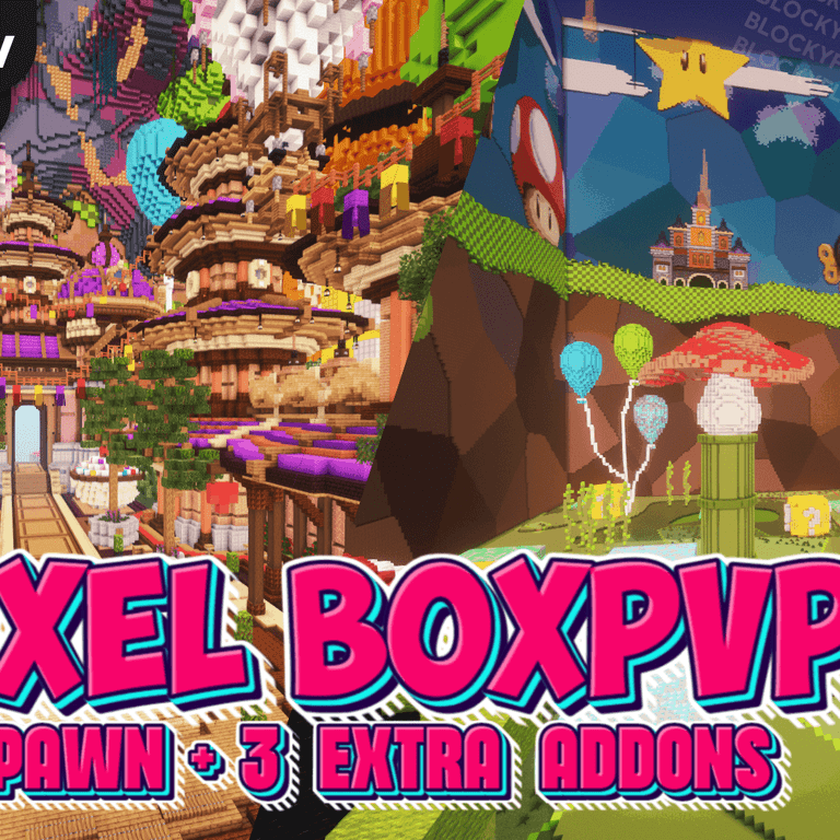 You will find 4 maps: spawn, pvp arena, mine, trade place. Everything is colorful and clean