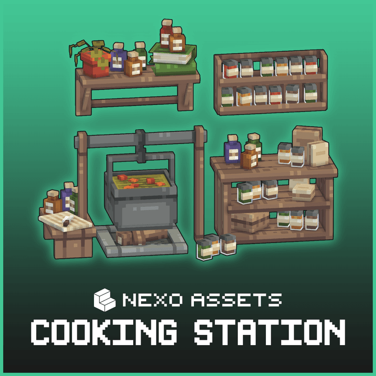 A set of cooking station furniture models for Minecraft: Java Edition.