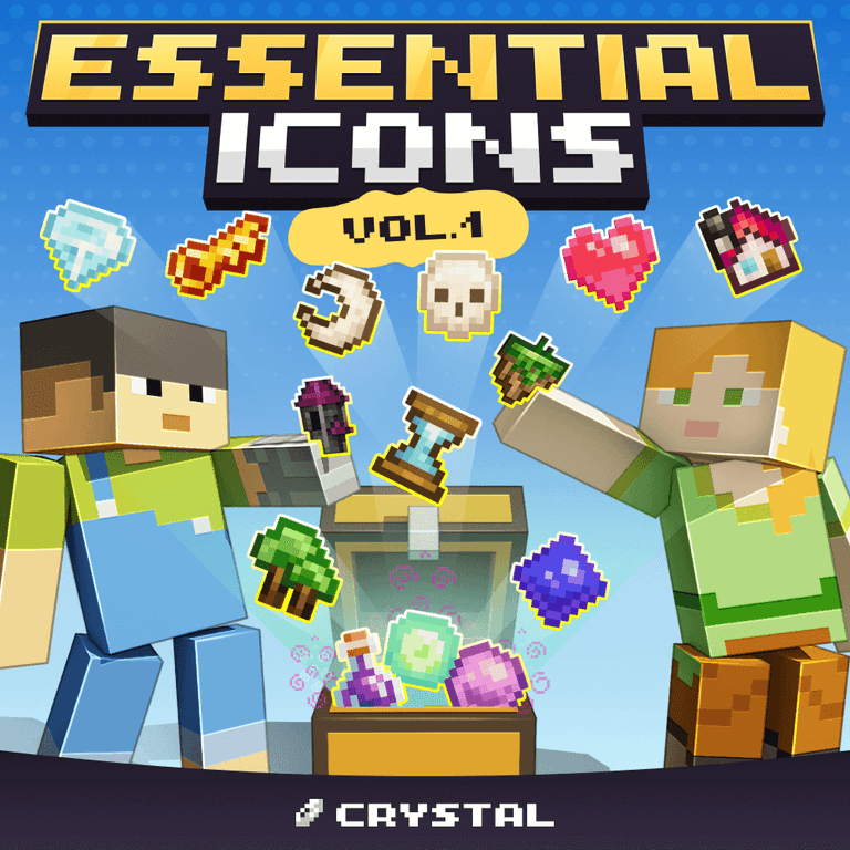 Cover art for “Essential Icons Vol.1” Minecraft pack showing two characters opening a chest with colorful pixel art icons floating around.