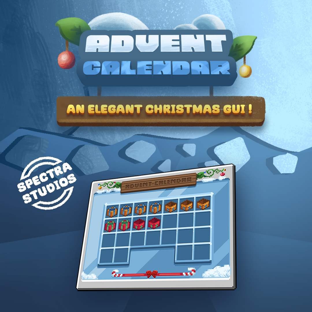 Spectra Studios Animated Advent Calendar for Minecraft, featuring Christmas Plus and Ultimate Rewards compatibility. Fully customizable daily rewards with festive animations to enhance player engagement during the holiday season